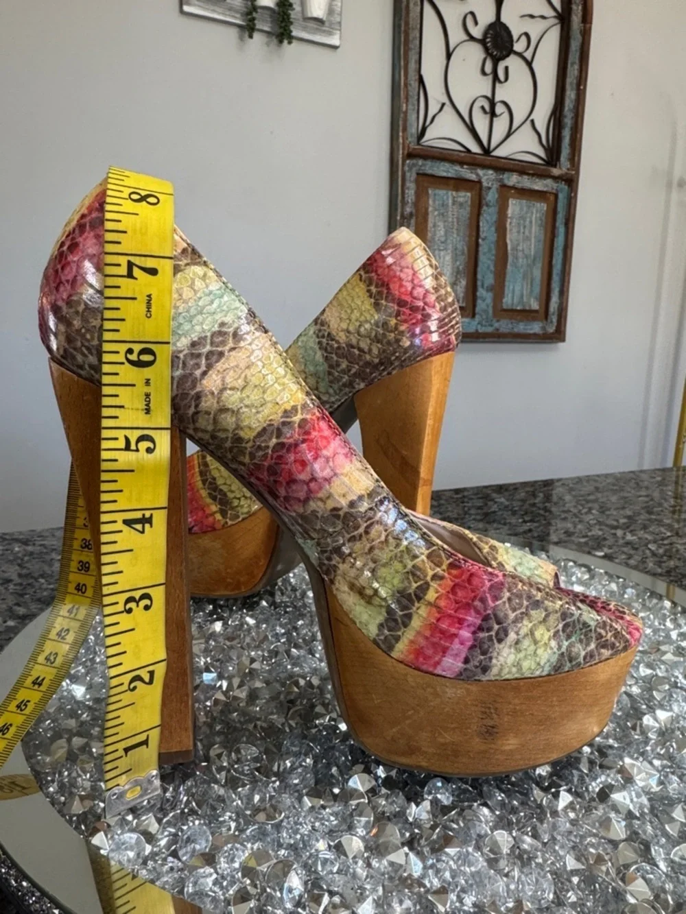 Zigi Soho Yellow Pink Green Multicolor Snakeskin wooden Platform Pumps 8.5 - 9